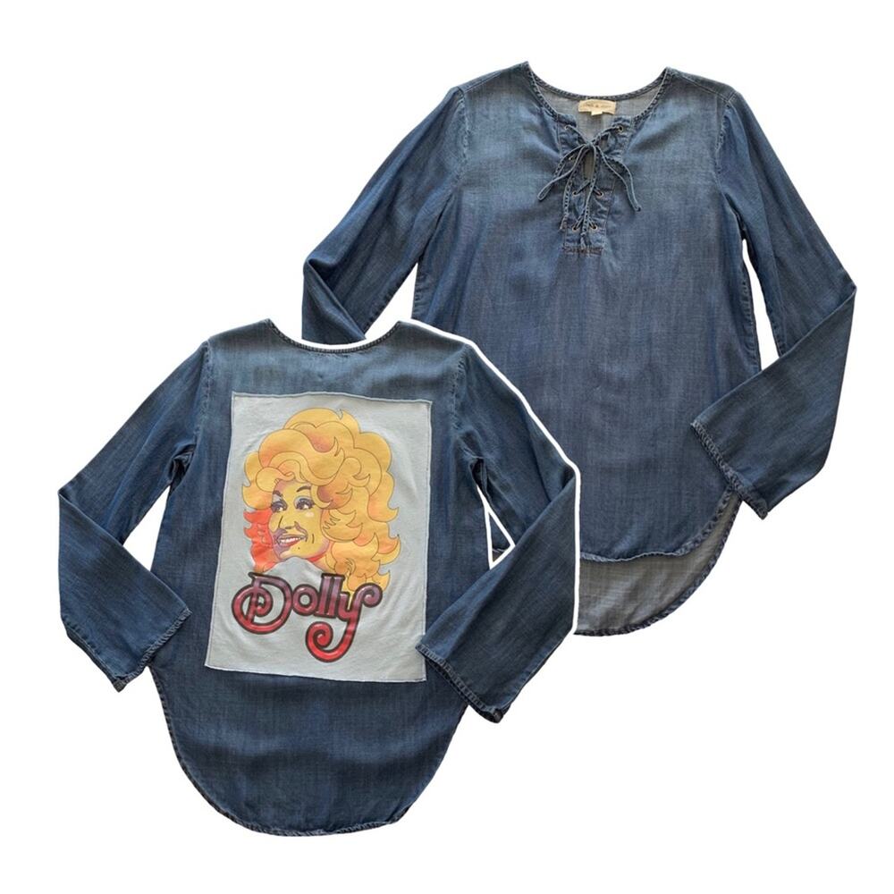 Reworked Dolly Parton Graphic Upcycled Chambray Lace Up Blouse Women's Small